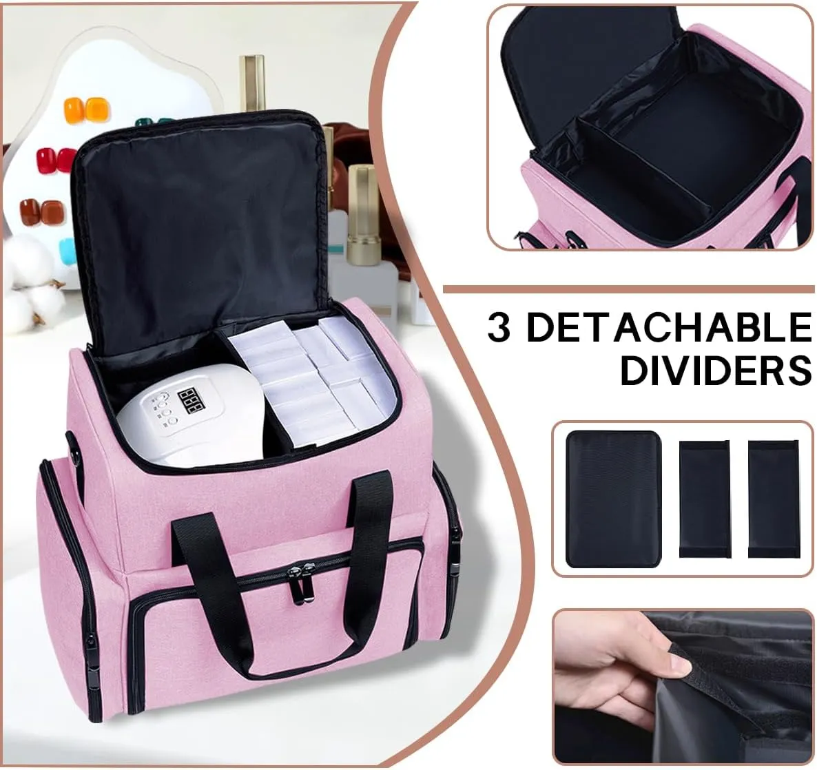 Nail Polish Organizer Holds 80 Bottles (15ml - 0.5 fl.oz) and a Nail Lamp,Nail Polish Case with 2 Removable Bags and Tools Storage Sections Pink