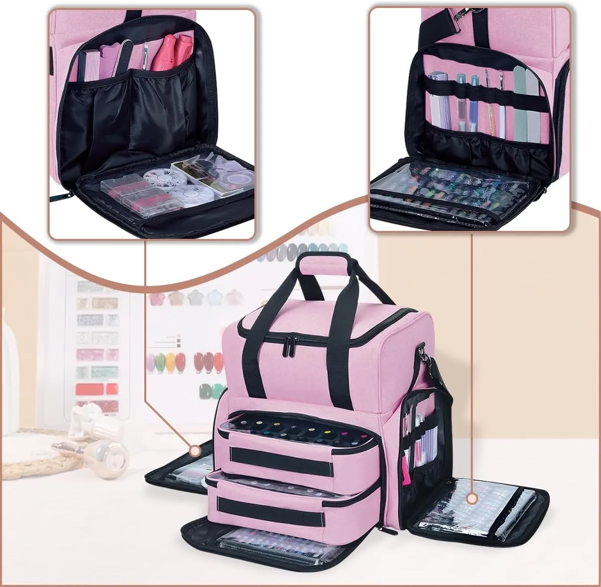 Nail Polish Organizer Holds 80 Bottles (15ml - 0.5 fl.oz) and a Nail Lamp,Nail Polish Case with 2 Removable Bags and Tools Storage Sections Pink