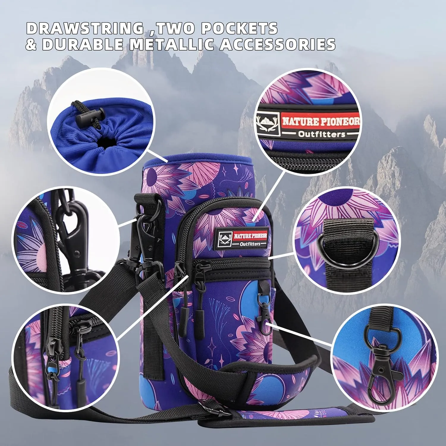 NATURE PIONEOR Water Bottle Holder with Strap for 25oz/32oz/40oz/64oz, Water Bottle Carrier Bag with Phone Pocket Crossbody