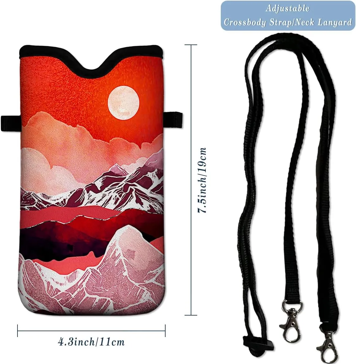 Neoprene Cell Phone Pouch 7.5 X 4.3 in Cloth Mobile Protection Case Bag with Crossbody Strap Neck Lanyard Cell Phone Case Abstract Mountain Landscape Moon
