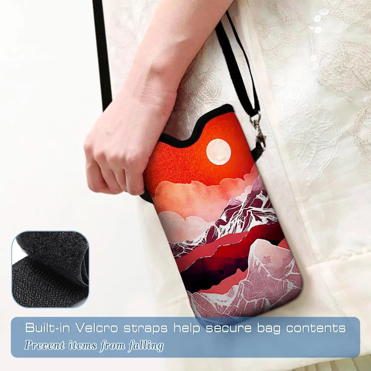 Neoprene Cell Phone Pouch 7.5 X 4.3 in Cloth Mobile Protection Case Bag with Crossbody Strap Neck Lanyard Cell Phone Case Abstract Mountain Landscape Moon