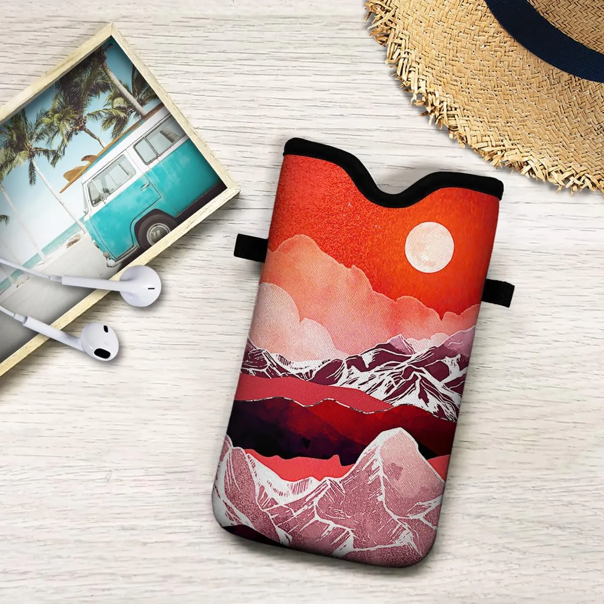 Neoprene Cell Phone Pouch 7.5 X 4.3 in Cloth Mobile Protection Case Bag with Crossbody Strap Neck Lanyard Cell Phone Case Abstract Mountain Landscape Moon