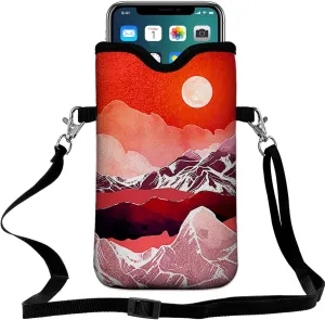 Neoprene Cell Phone Pouch 7.5 X 4.3 in Cloth Mobile Protection Case Bag with Crossbody Strap Neck Lanyard Cell Phone Case Abstract Mountain Landscape Moon