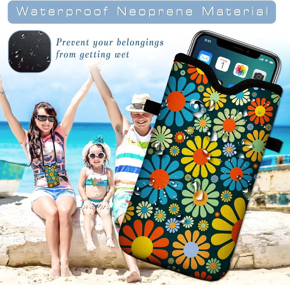 Neoprene Cell Phone Pouch 7.5 X 4.3 in Cloth Mobile Protection Case Bag with Crossbody Strap Neck Lanyard Cell Phone Case Hippie Flower Printed Pattern