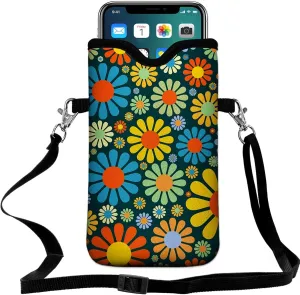 Neoprene Cell Phone Pouch 7.5 X 4.3 in Cloth Mobile Protection Case Bag with Crossbody Strap Neck Lanyard Cell Phone Case Hippie Flower Printed Pattern