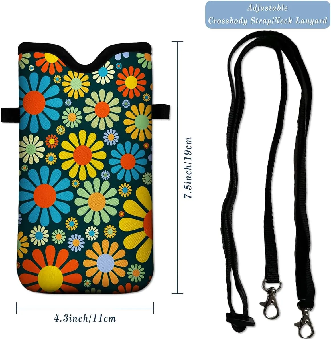 Neoprene Cell Phone Pouch 7.5 X 4.3 in Cloth Mobile Protection Case Bag with Crossbody Strap Neck Lanyard Cell Phone Case Hippie Flower Printed Pattern