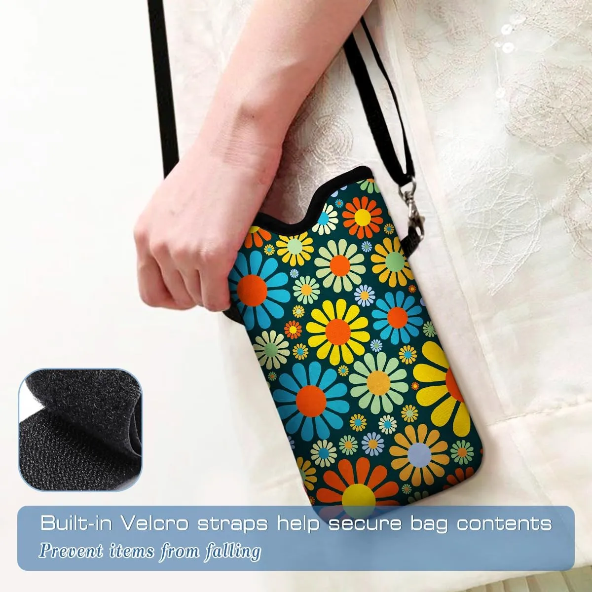 Neoprene Cell Phone Pouch 7.5 X 4.3 in Cloth Mobile Protection Case Bag with Crossbody Strap Neck Lanyard Cell Phone Case Hippie Flower Printed Pattern