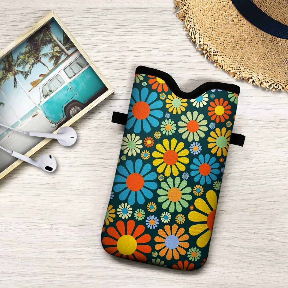 Neoprene Cell Phone Pouch 7.5 X 4.3 in Cloth Mobile Protection Case Bag with Crossbody Strap Neck Lanyard Cell Phone Case Hippie Flower Printed Pattern