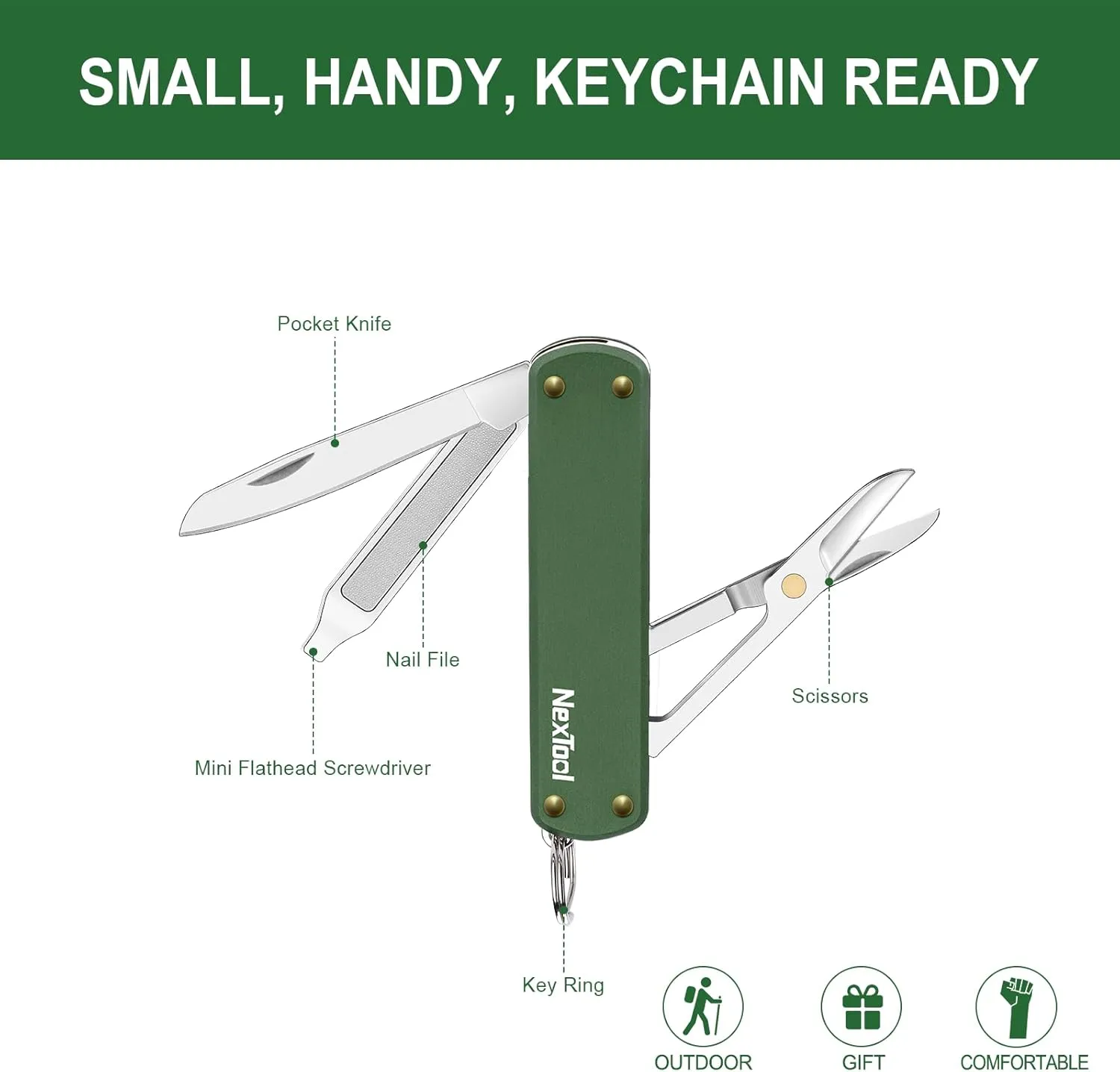 NexTool Keychain Knife, 5 in 1 Mini Multitool Key Chians, Small Pocket Knife with Key Ring, Scissors, Screwdrivers and Nail File, Cool Gadget Gifts for Men Women Dad Boyfriend Everyday Carry(Green)