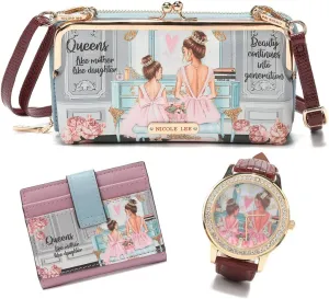 NICOLE LEE 3 Pieces Accessories Gift Value Set (Wallet Crossbody, Small Card Case, Diamond Fashion Watch)