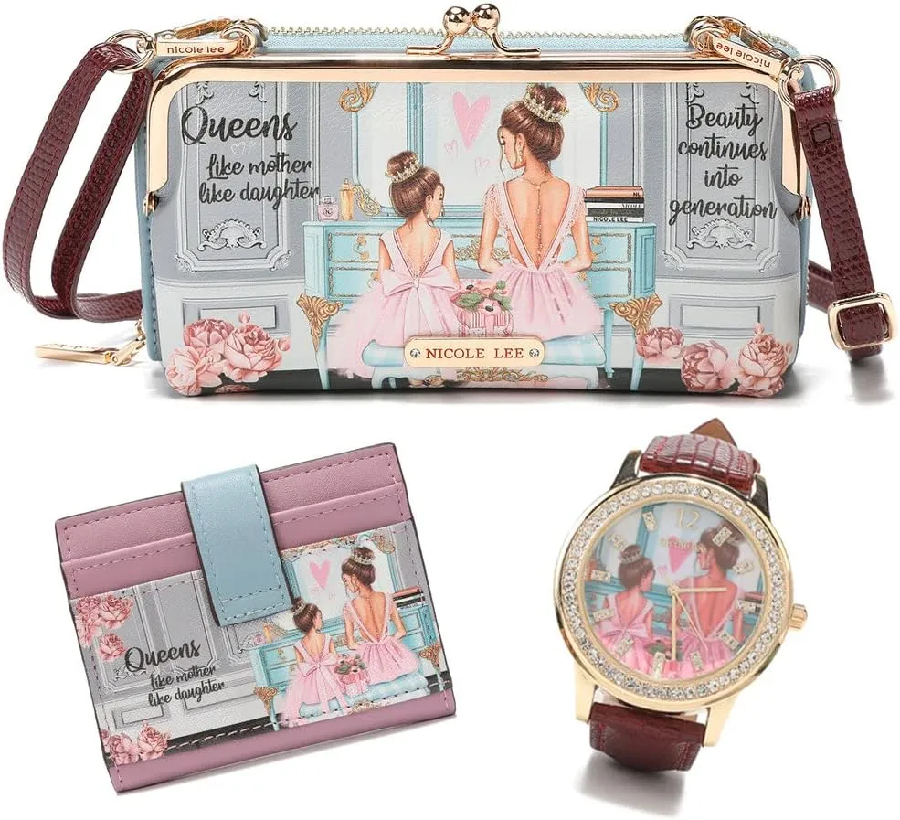 NICOLE LEE 3 Pieces Accessories Gift Value Set (Wallet Crossbody, Small Card Case, Diamond Fashion Watch)