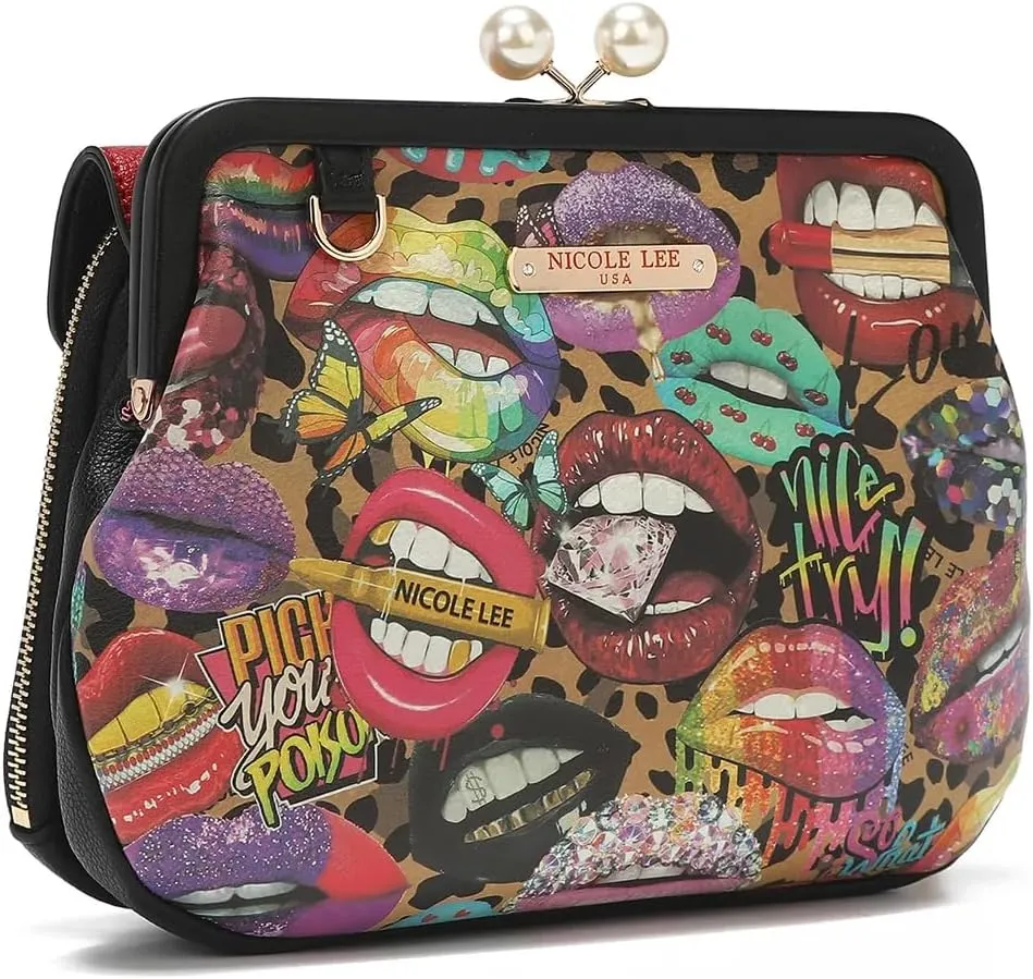 Nicole Lee Pearl Kiss Lock Envelope Crossbody Handbag, Women's Fashion Print Vegan Leather Clutch