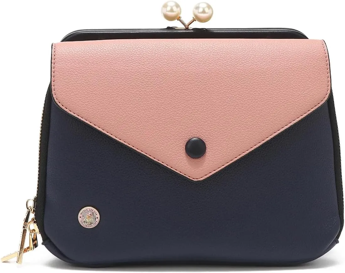 Nicole Lee Pearl Kiss Lock Envelope Crossbody Handbag, Women's Fashion Print Vegan Leather Clutch