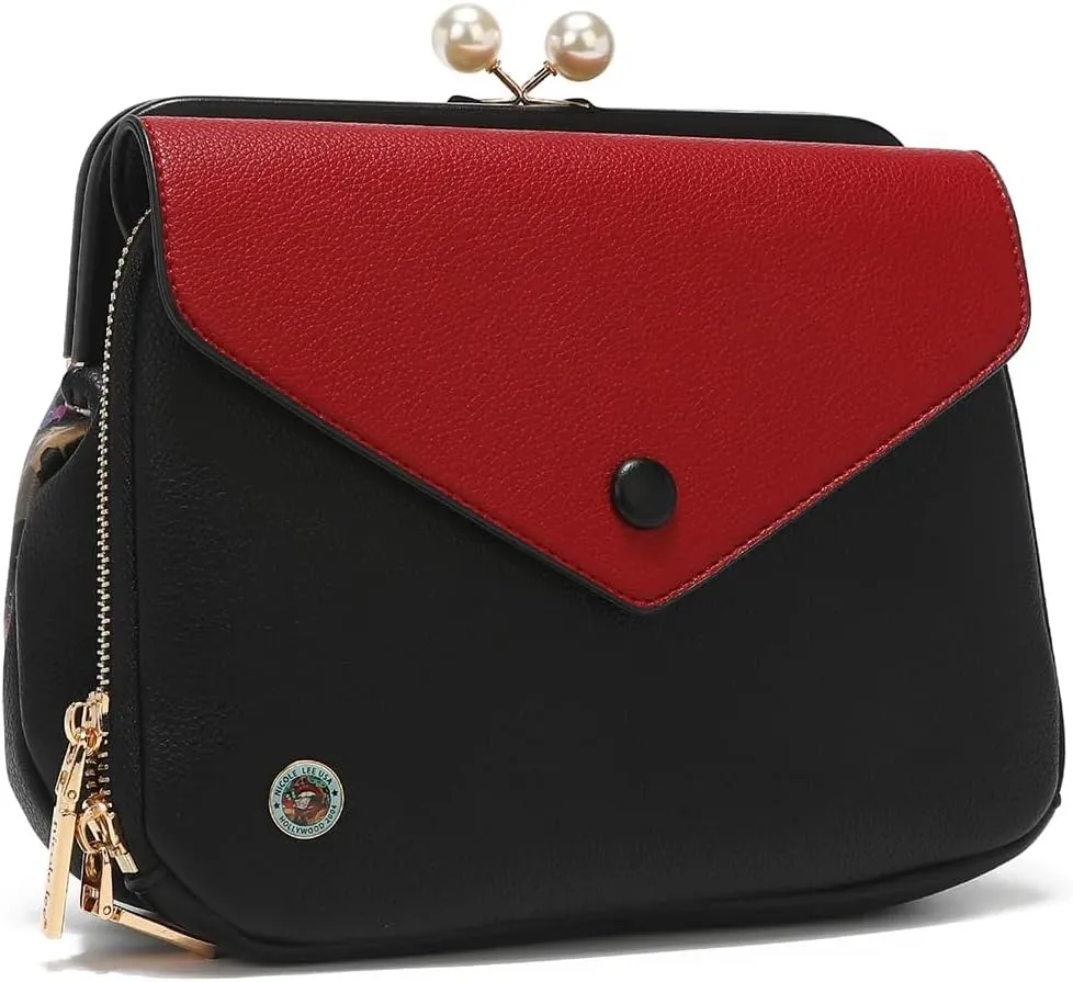 Nicole Lee Pearl Kiss Lock Envelope Crossbody Handbag, Women's Fashion Print Vegan Leather Clutch
