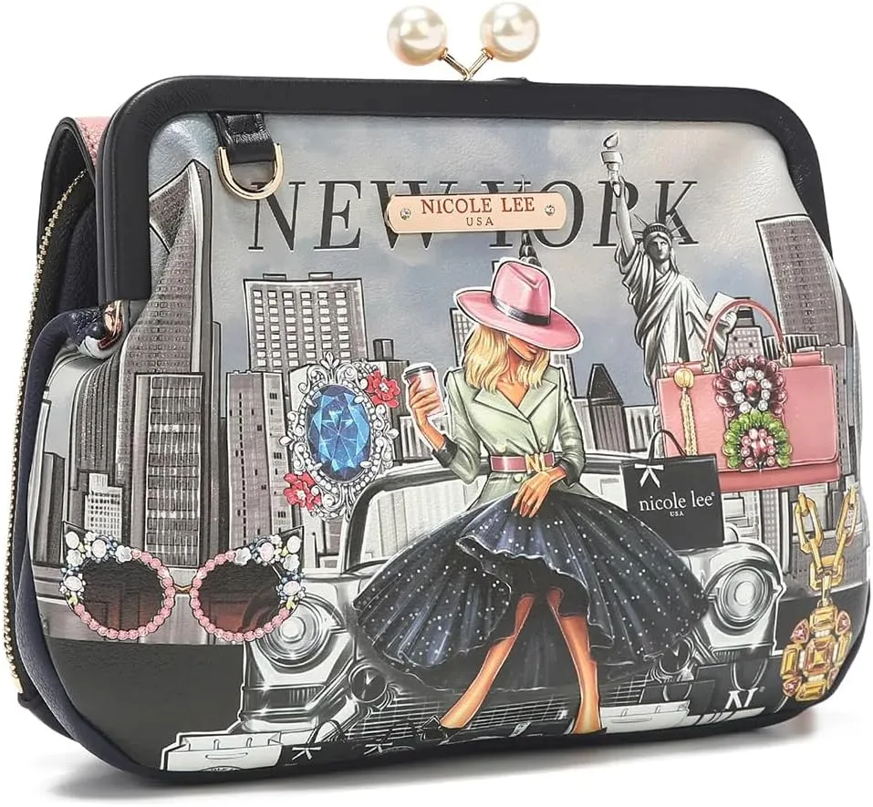 Nicole Lee Pearl Kiss Lock Envelope Crossbody Handbag, Women's Fashion Print Vegan Leather Clutch
