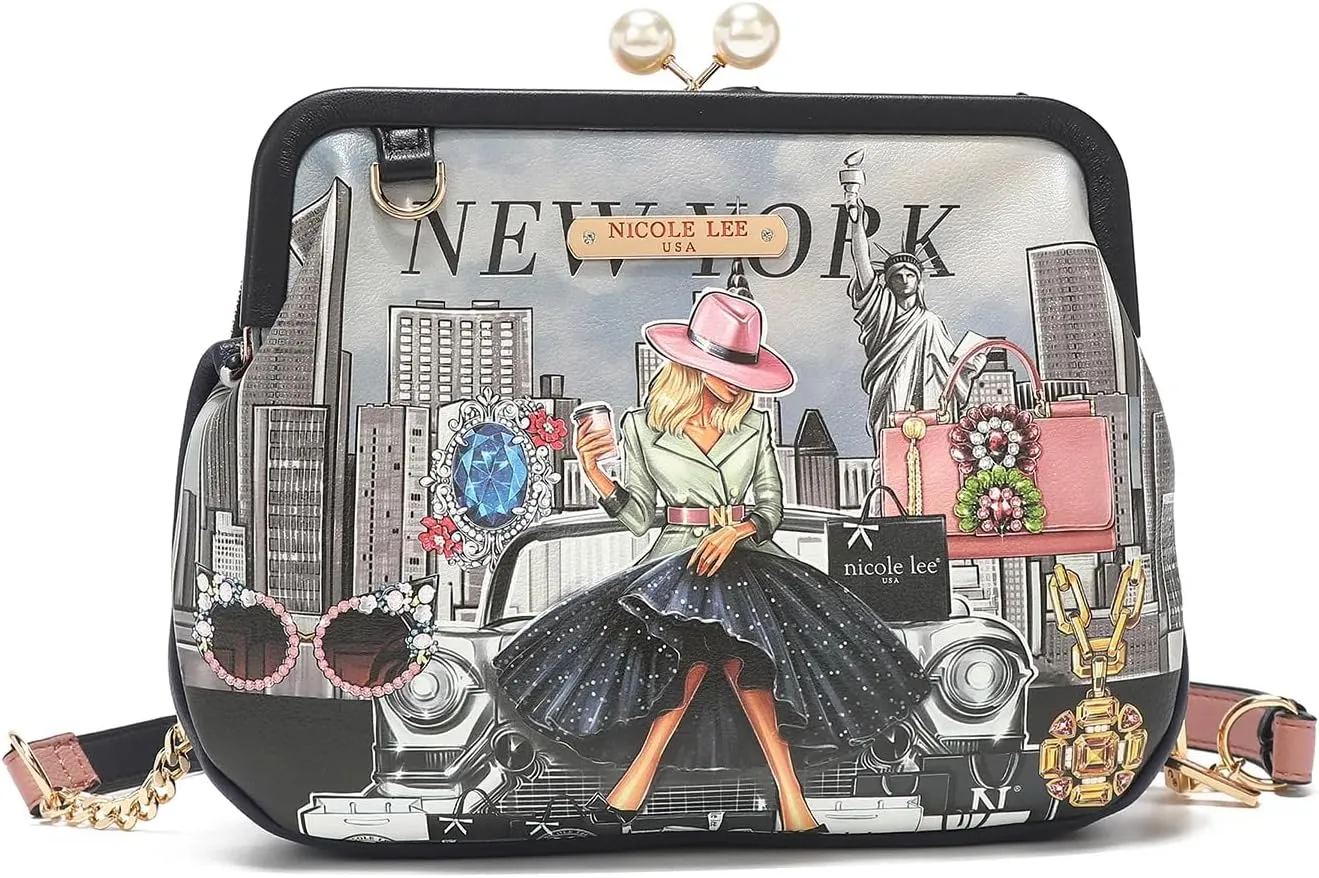 Nicole Lee Pearl Kiss Lock Envelope Crossbody Handbag, Women's Fashion Print Vegan Leather Clutch