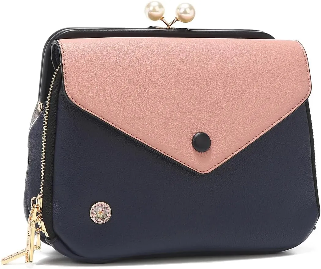Nicole Lee Pearl Kiss Lock Envelope Crossbody Handbag, Women's Fashion Print Vegan Leather Clutch