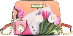 Nicole Lee VIOLET BLOSSOM Crossbody Bag, Vegan Leather, Chain-Link Strap, 3 Compartments