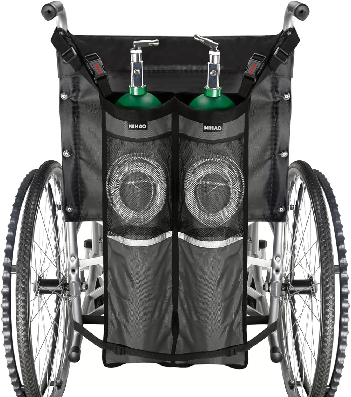 NIHAO Dual Oxygen Tank Holder for Wheelchiars, Oxygen Cylinder Bag with Adjustable Zippers and Mesh Storage Pockets, Portable Wheelchair Attachment for Oxygen Fits Most Oxygen Cylinders, Gray