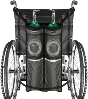 NIHAO Dual Oxygen Tank Holder for Wheelchiars, Oxygen Cylinder Bag with Adjustable Zippers and Mesh Storage Pockets, Portable Wheelchair Attachment for Oxygen Fits Most Oxygen Cylinders, Gray
