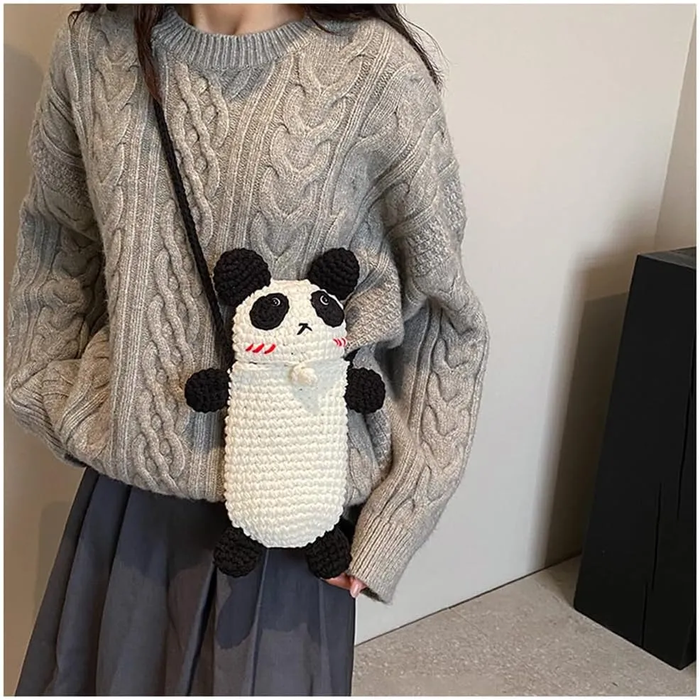 Novelty Hand-Crochet Panda Crossbody Bag Kawaii Cute Panda Knitted Mobile Phone Purse Aesthetic Bag Y2k Purse