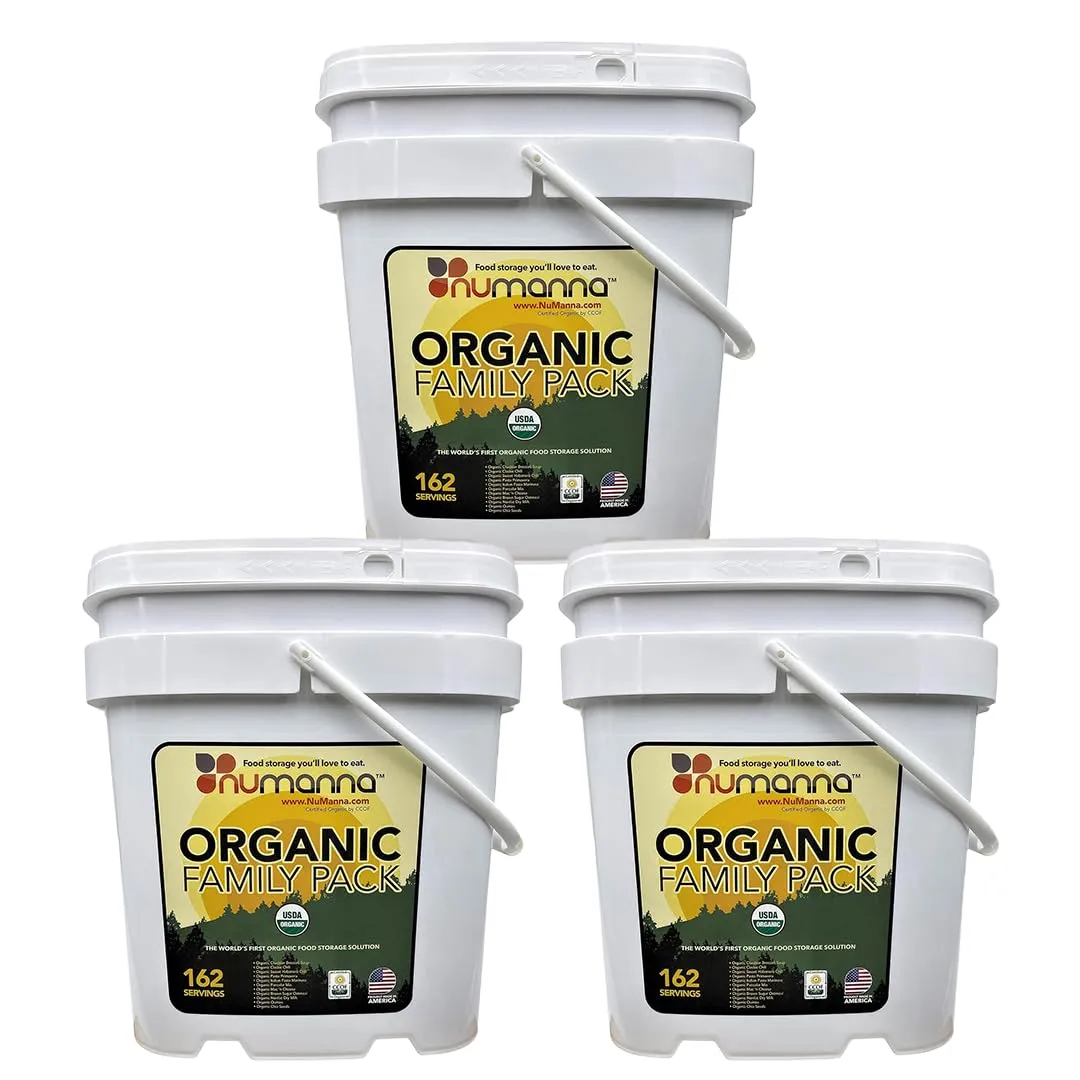 Numanna Freeze Dried Triple USDA Certified Organic Family Pack Buckets 486 Servings Non-GMO, No MSG, 100% CCOF Easy to Prepare Emergency Survival Food or Perfect For Daily Use 25 Years Shelf Life