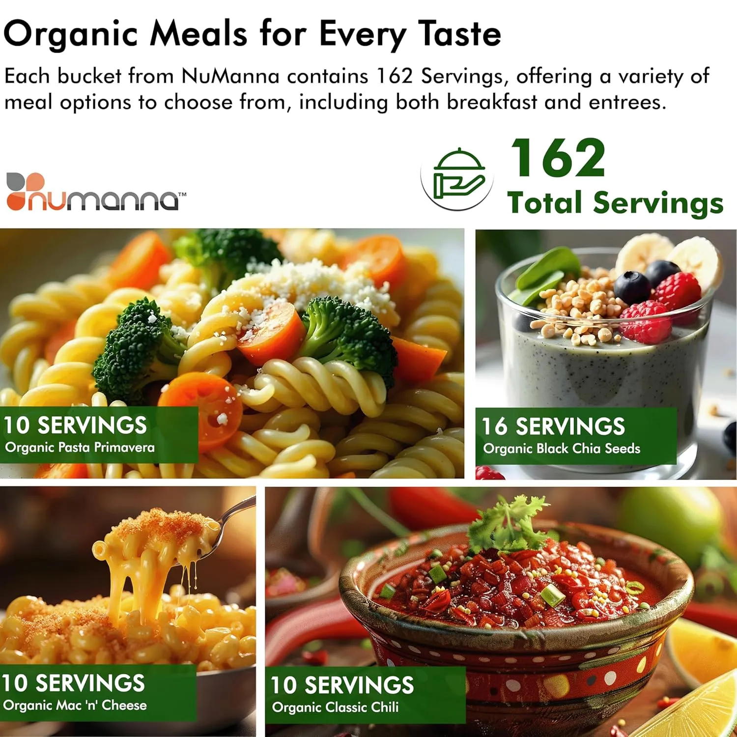 Numanna Freeze Dried Triple USDA Certified Organic Family Pack Buckets 486 Servings Non-GMO, No MSG, 100% CCOF Easy to Prepare Emergency Survival Food or Perfect For Daily Use 25 Years Shelf Life