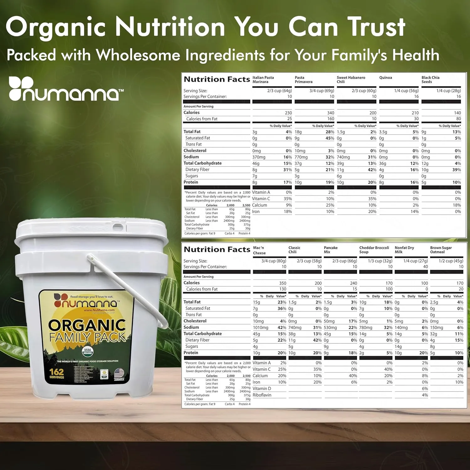 Numanna Freeze Dried Triple USDA Certified Organic Family Pack Buckets 486 Servings Non-GMO, No MSG, 100% CCOF Easy to Prepare Emergency Survival Food or Perfect For Daily Use 25 Years Shelf Life