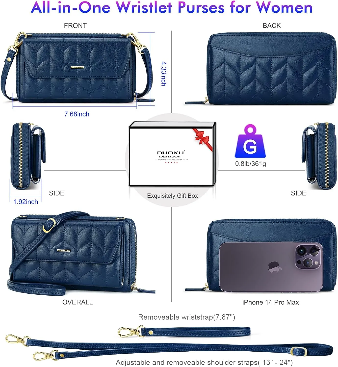 nuoku Womens RFID Wallet Purse Wristlet Crossbody Clutch with Zip Around 2 Strap