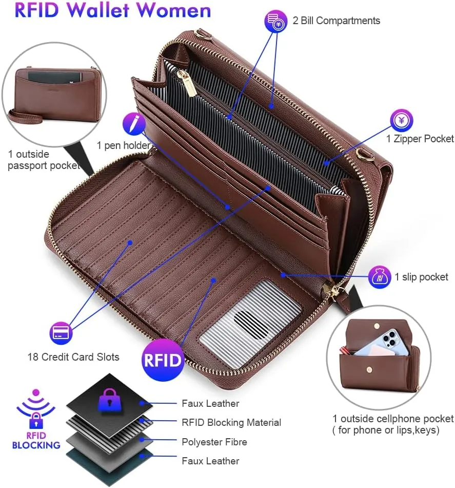 nuoku Womens RFID Wallet Purse Wristlet Crossbody Clutch with Zip Around 2 Strap