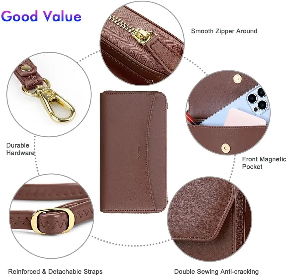 nuoku Womens RFID Wallet Purse Wristlet Crossbody Clutch with Zip Around 2 Strap