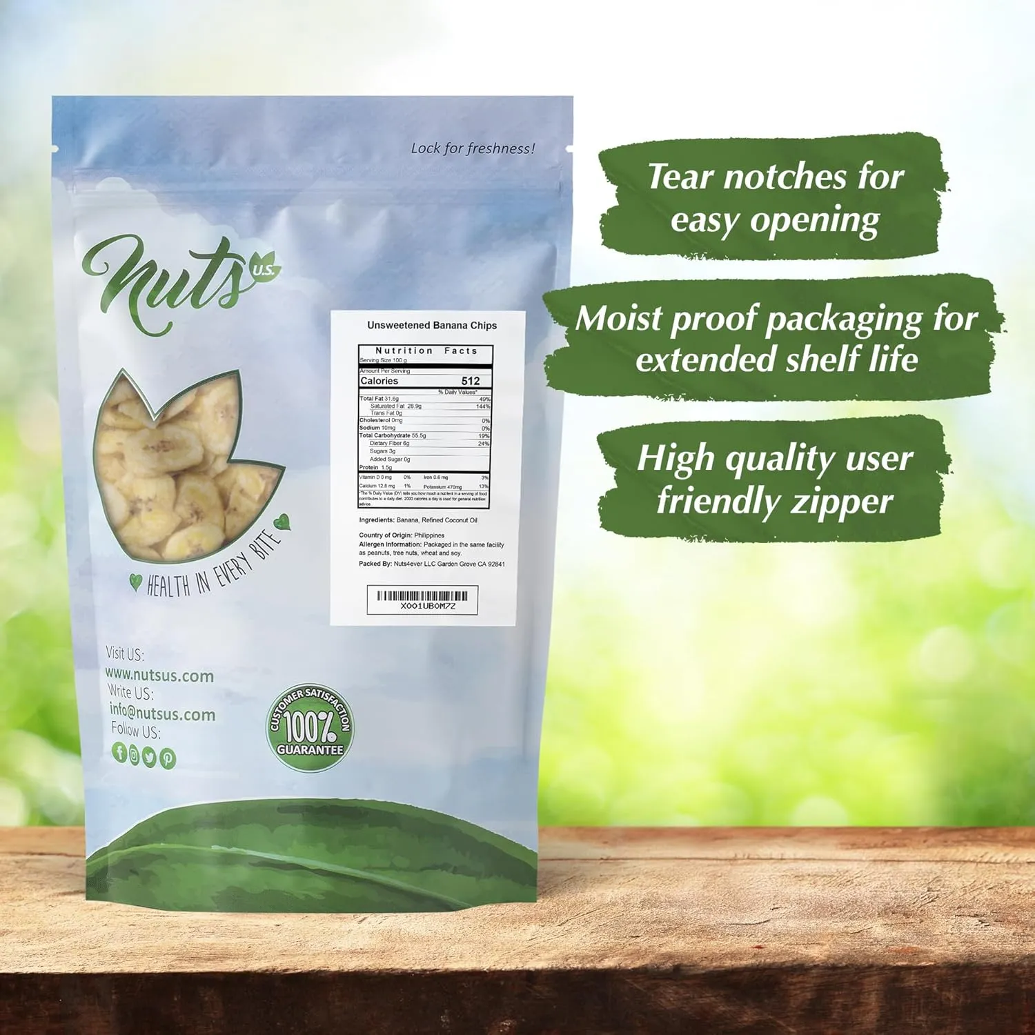 NUTS U.S. - Unsweetened Banana Chips | No Sulphure, Added & No Artificial Colors | NON-GMO | Natural | Packed in a Resealable Bag!!! (2 LBS)