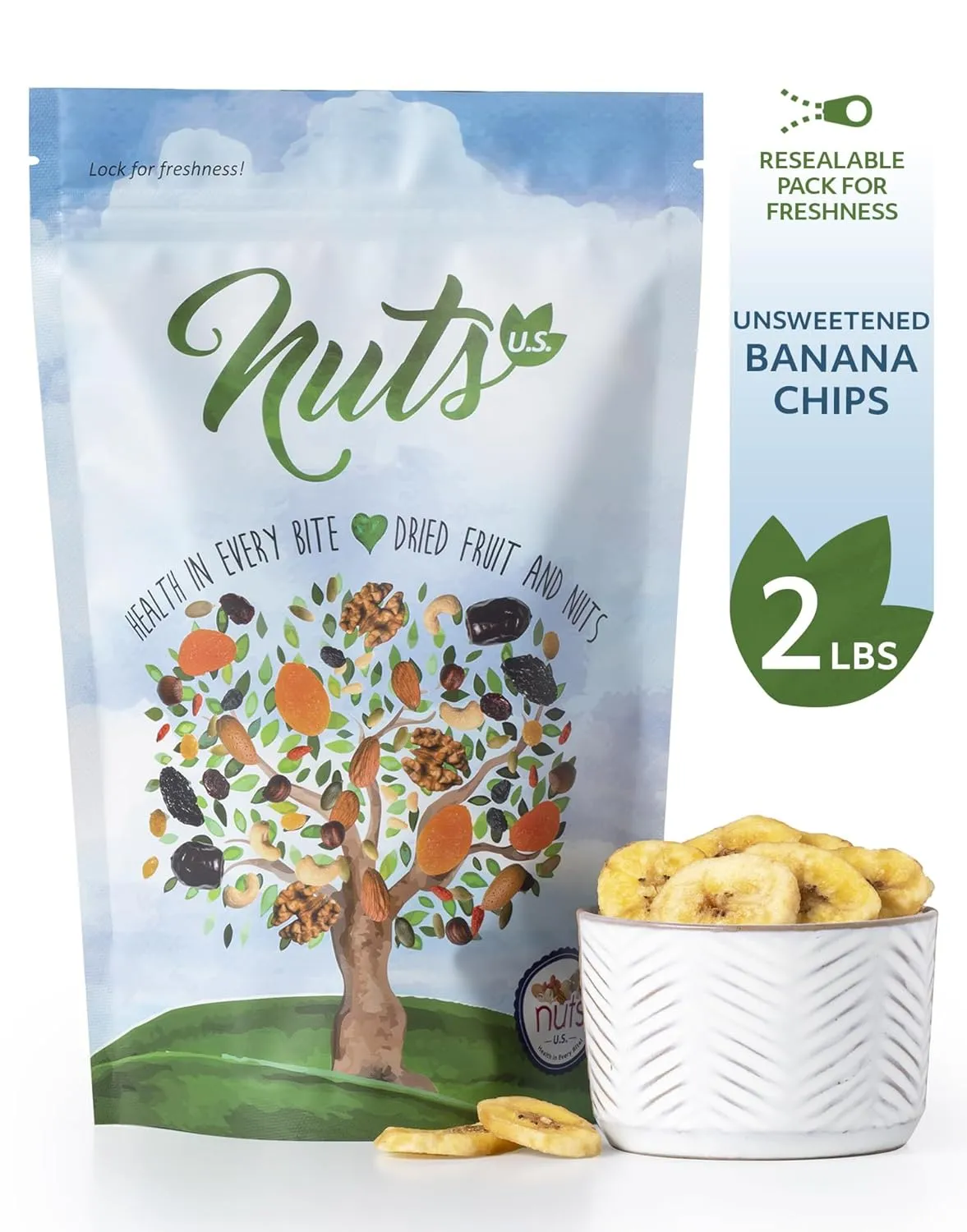 NUTS U.S. - Unsweetened Banana Chips | No Sulphure, Added & No Artificial Colors | NON-GMO | Natural | Packed in a Resealable Bag!!! (2 LBS)