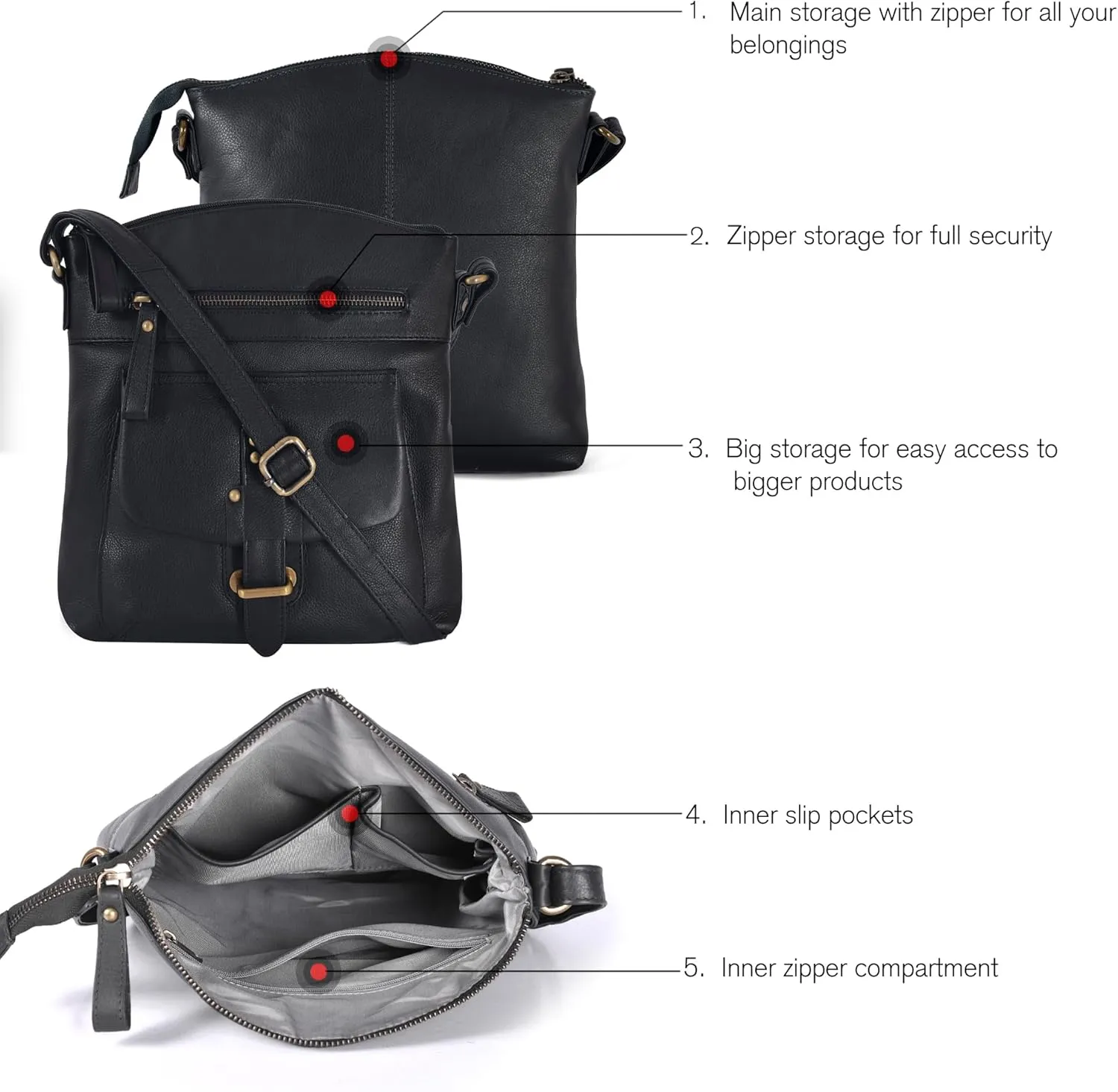Oak Leathers Leather Crossbody Bag For Women With Adjustable Sling Strap - Medium Size Crossover Shoulder Handbag Purse