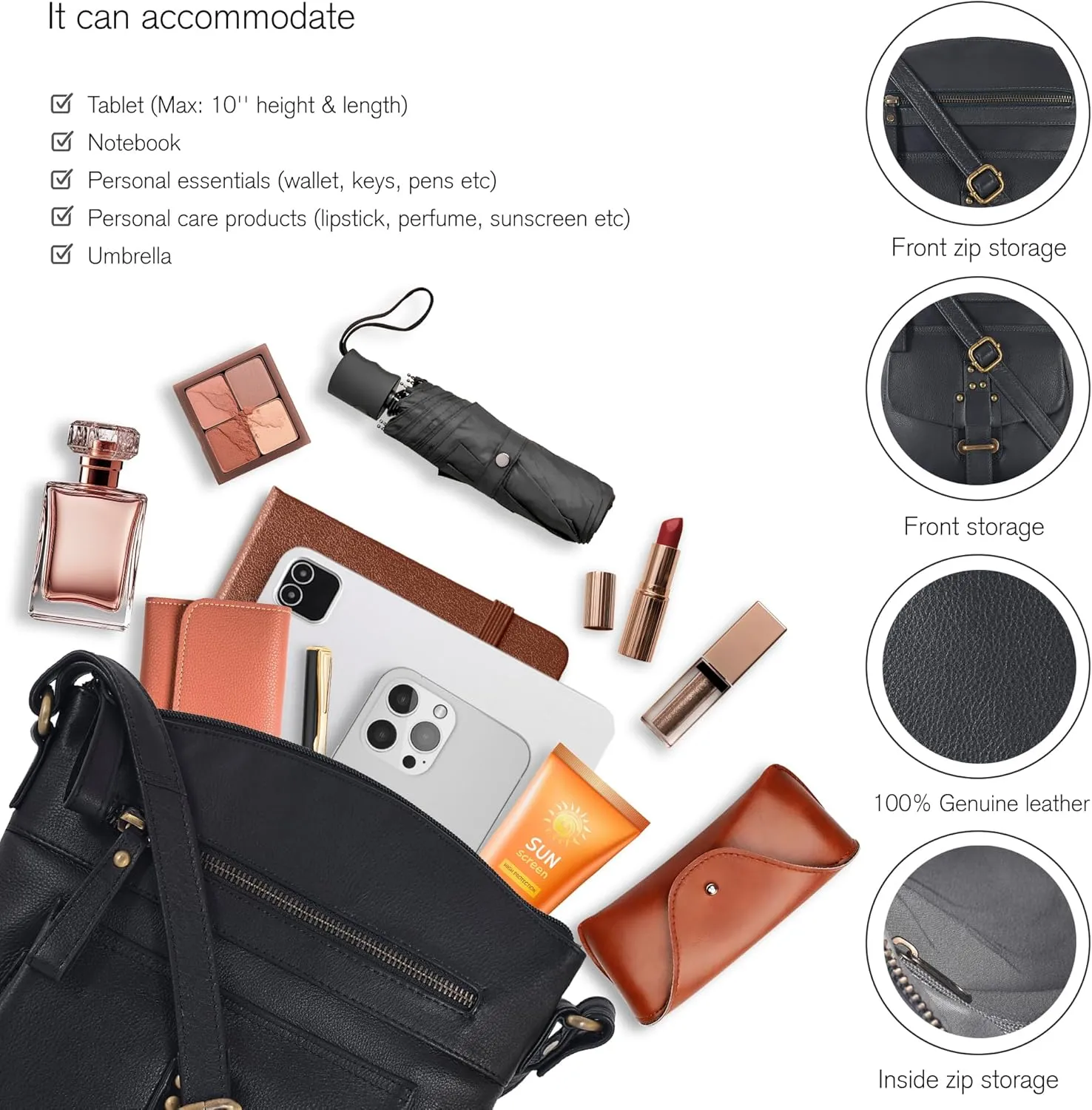 Oak Leathers Leather Crossbody Bag For Women With Adjustable Sling Strap - Medium Size Crossover Shoulder Handbag Purse