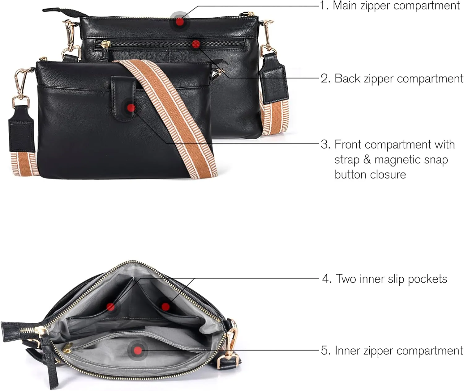Oak Leathers Small Crossbody Bag For Women With Adjustable, Wide Strap - Real Leather Crossover Shoulder Purse