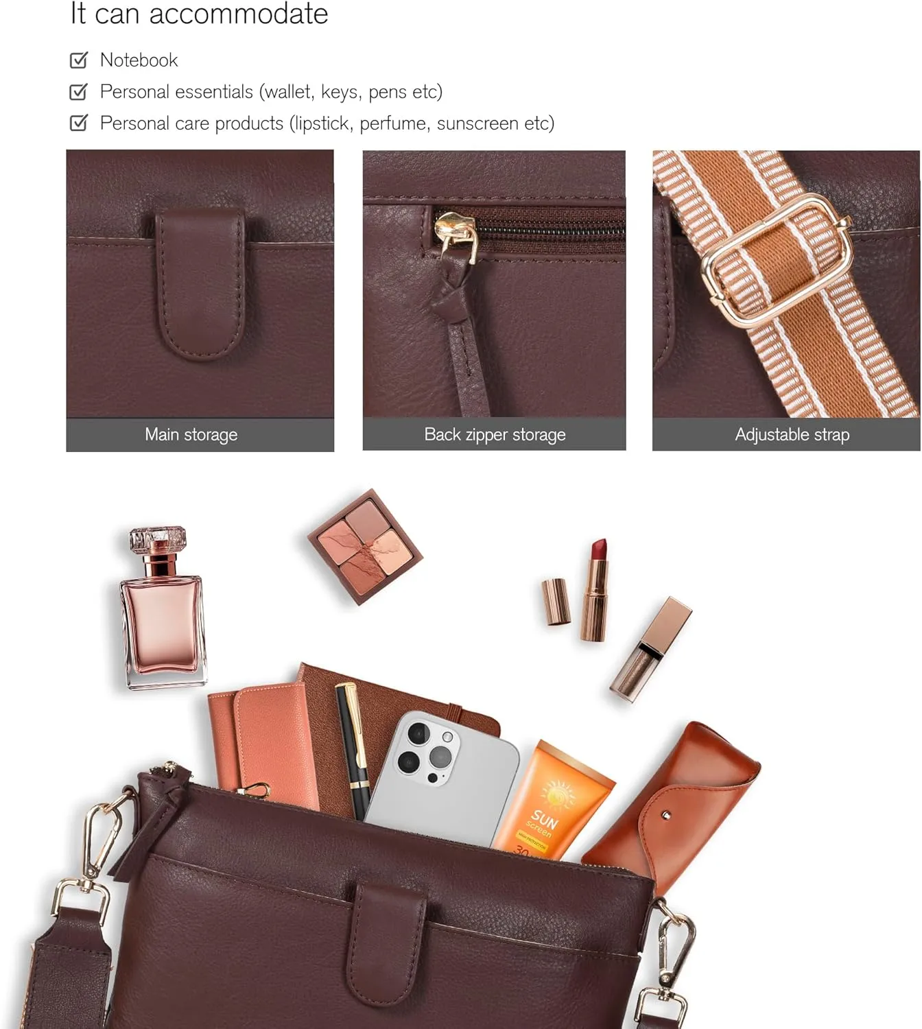 Oak Leathers Small Crossbody Bag For Women With Adjustable, Wide Strap - Real Leather Crossover Shoulder Purse