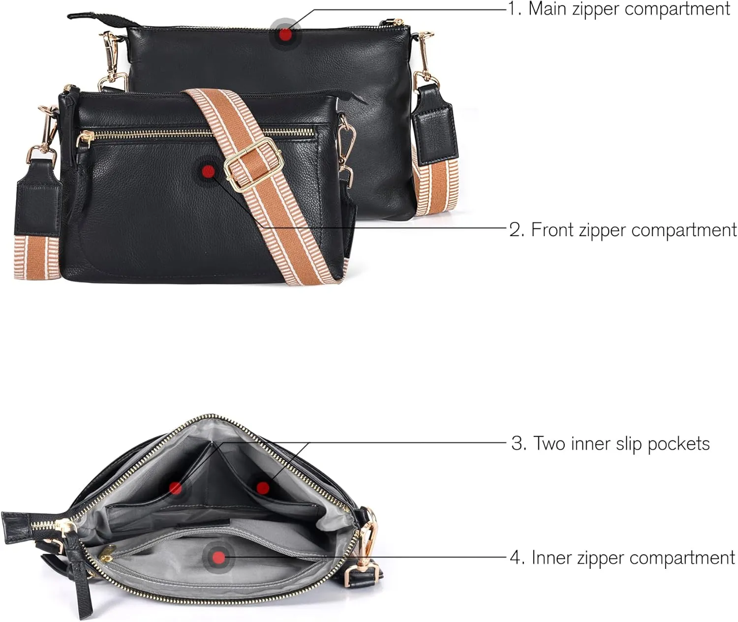 Oak Leathers Small Crossbody Bag For Women With Adjustable, Wide Strap - Real Leather Crossover Shoulder Purse