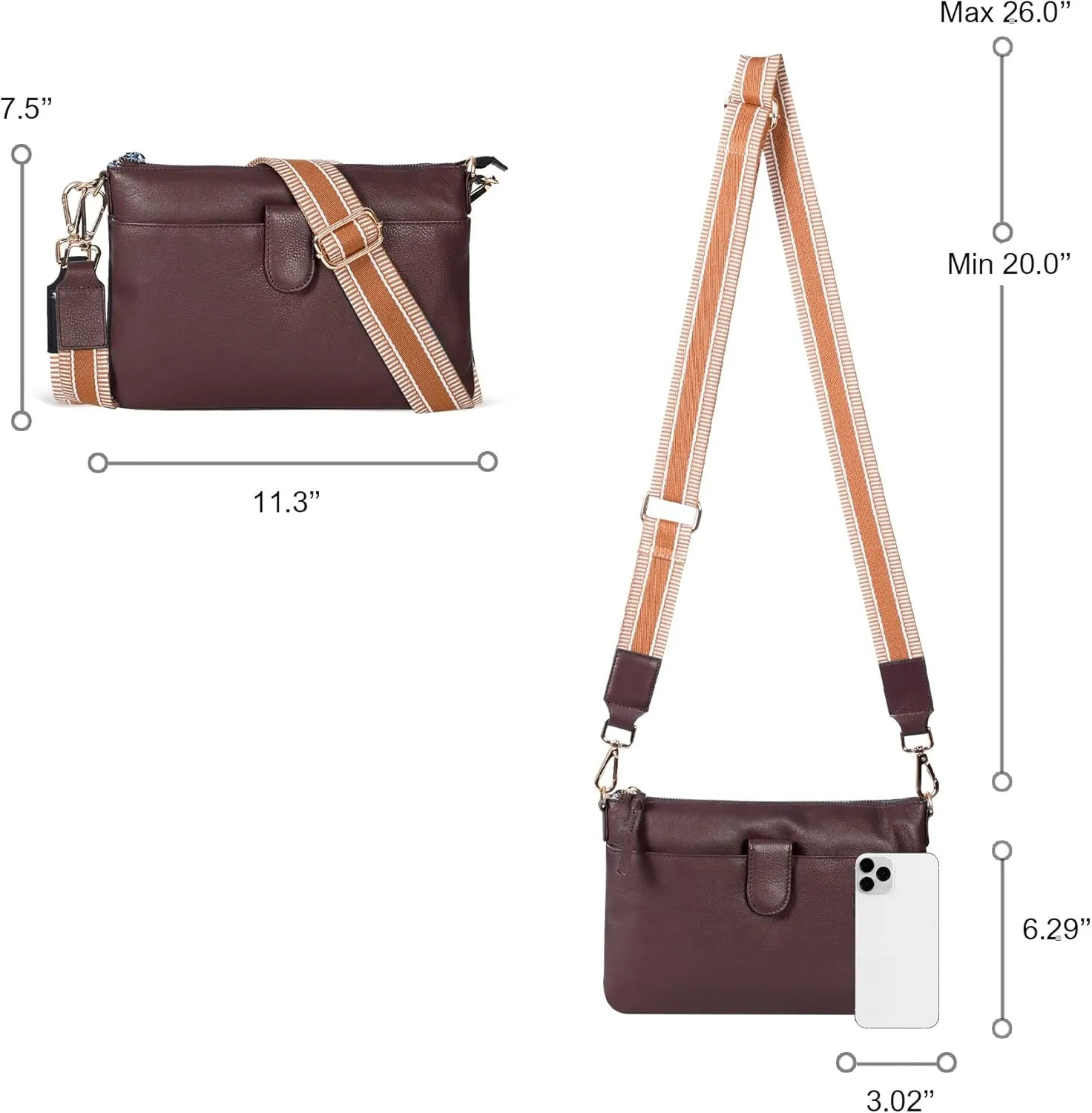 Oak Leathers Small Crossbody Bag For Women With Adjustable, Wide Strap - Real Leather Crossover Shoulder Purse