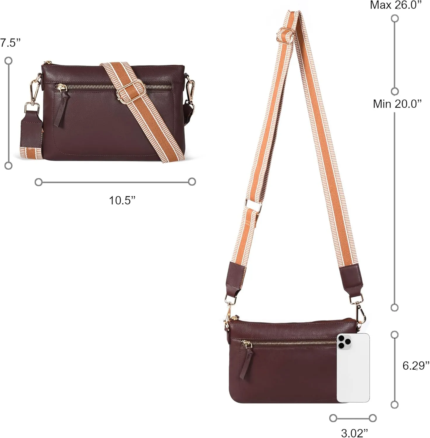 Oak Leathers Small Crossbody Bag For Women With Adjustable, Wide Strap - Real Leather Crossover Shoulder Purse