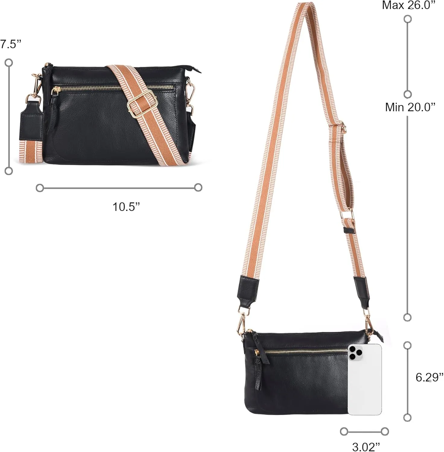Oak Leathers Small Crossbody Bag For Women With Adjustable, Wide Strap - Real Leather Crossover Shoulder Purse