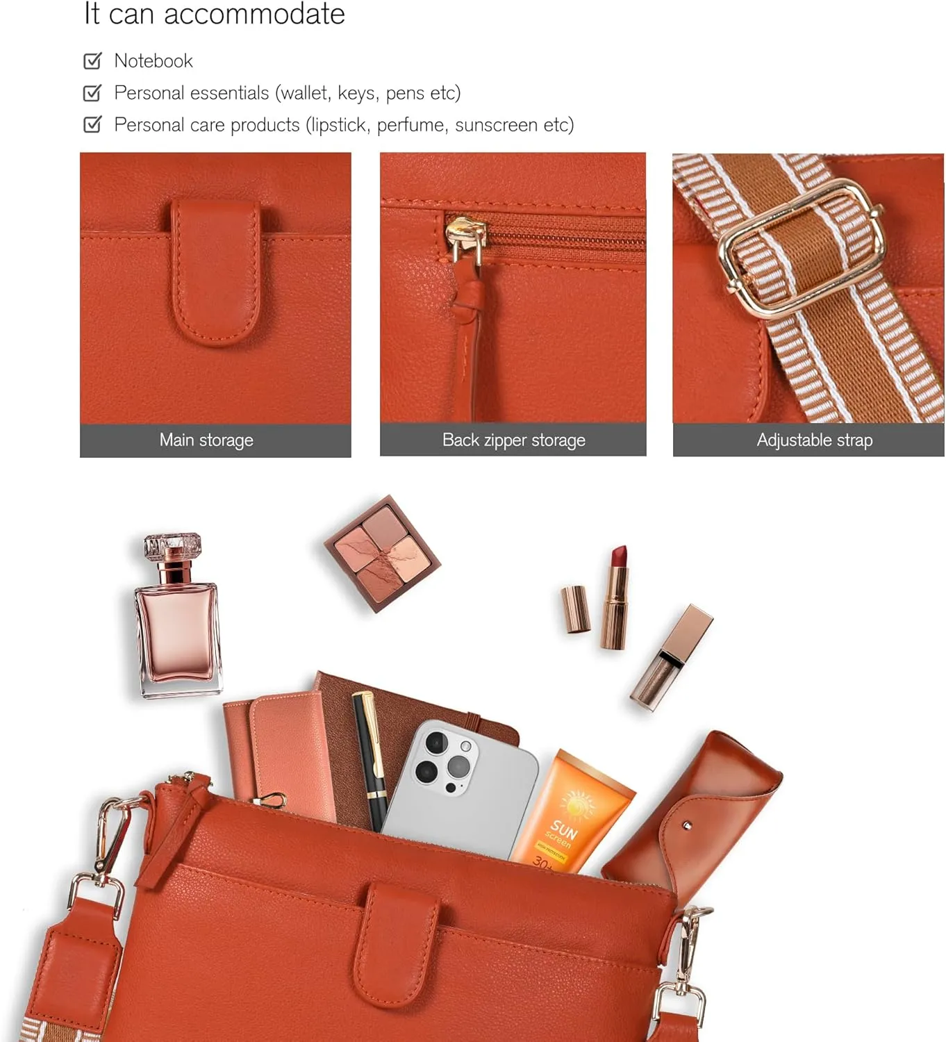 Oak Leathers Small Crossbody Bag For Women With Adjustable, Wide Strap - Real Leather Crossover Shoulder Purse