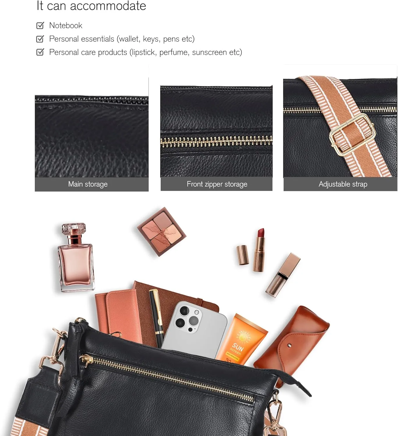 Oak Leathers Small Crossbody Bag For Women With Adjustable, Wide Strap - Real Leather Crossover Shoulder Purse
