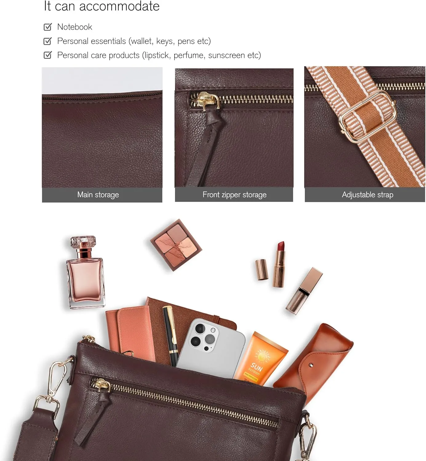 Oak Leathers Small Crossbody Bag For Women With Adjustable, Wide Strap - Real Leather Crossover Shoulder Purse