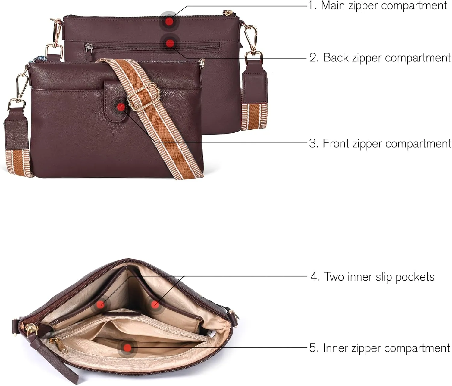Oak Leathers Small Crossbody Bag For Women With Adjustable, Wide Strap - Real Leather Crossover Shoulder Purse
