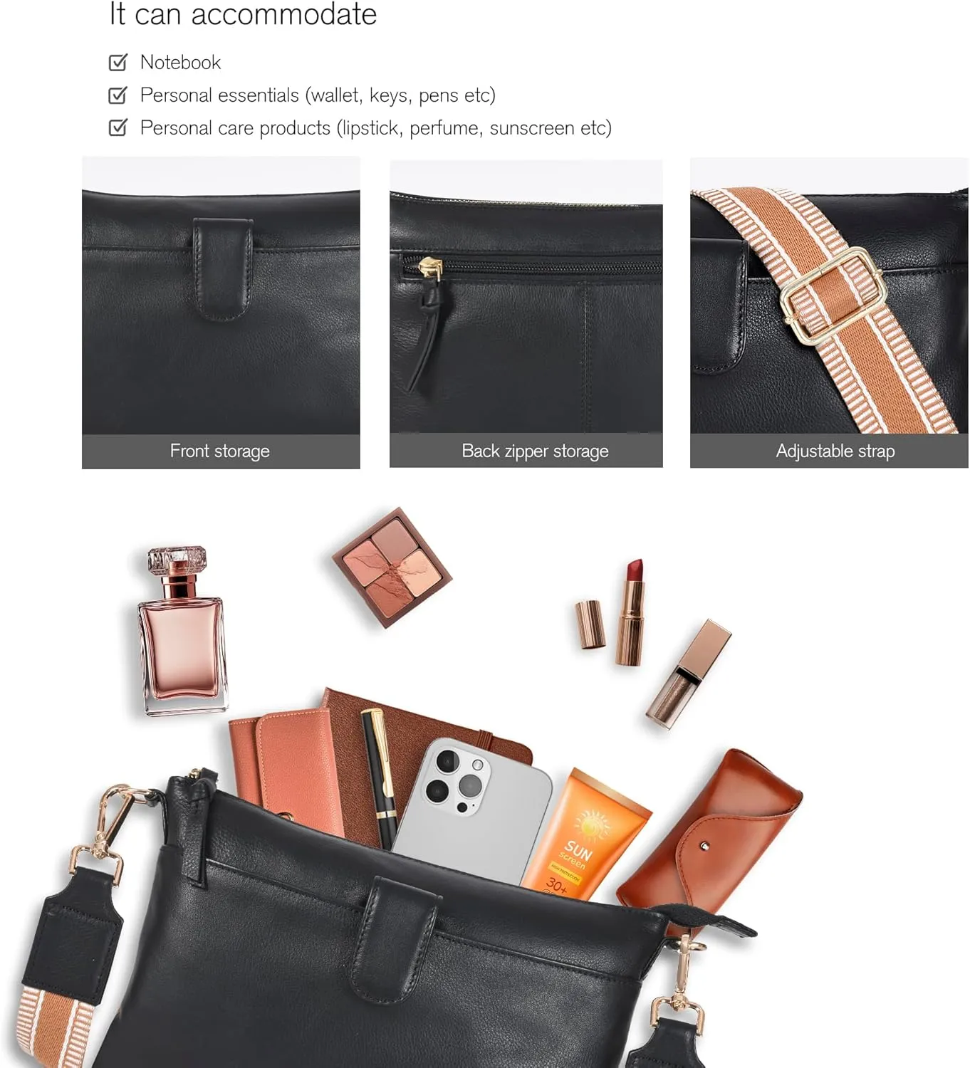 Oak Leathers Small Crossbody Bag For Women With Adjustable, Wide Strap - Real Leather Crossover Shoulder Purse
