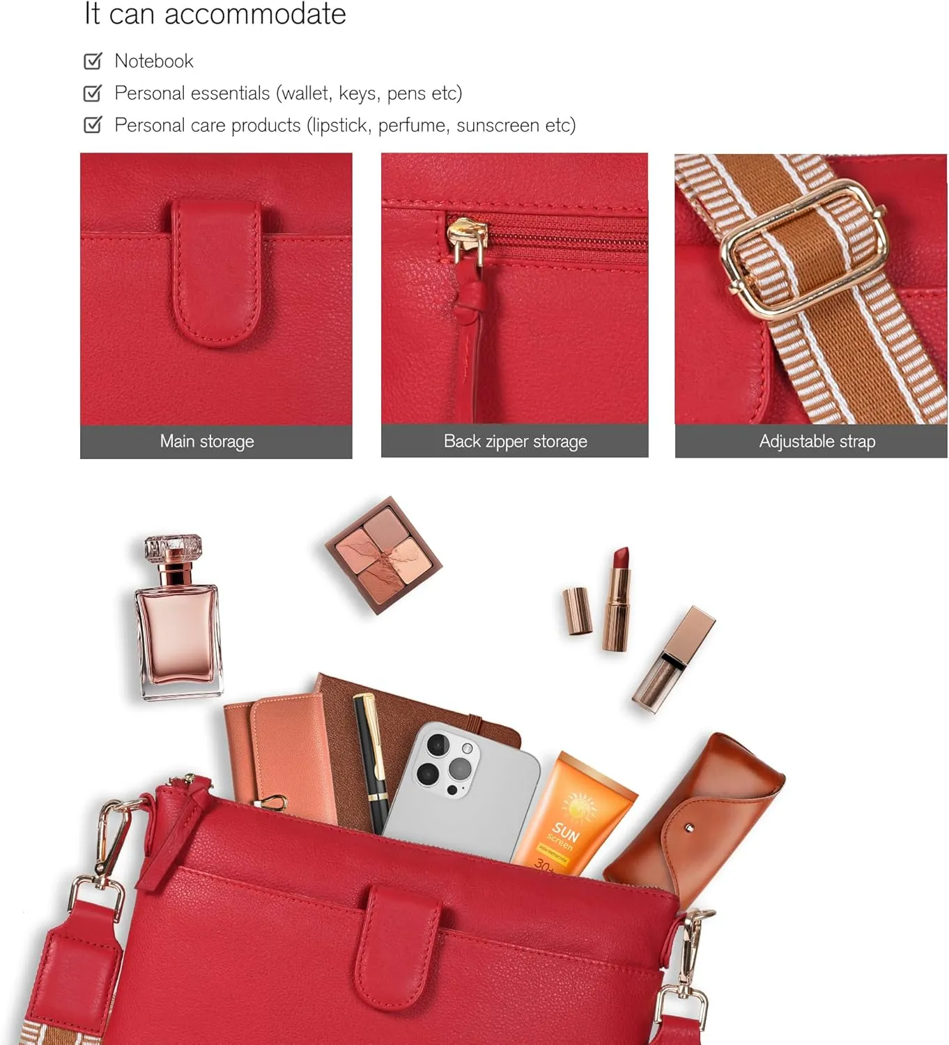 Oak Leathers Small Crossbody Bag For Women With Adjustable, Wide Strap - Real Leather Crossover Shoulder Purse