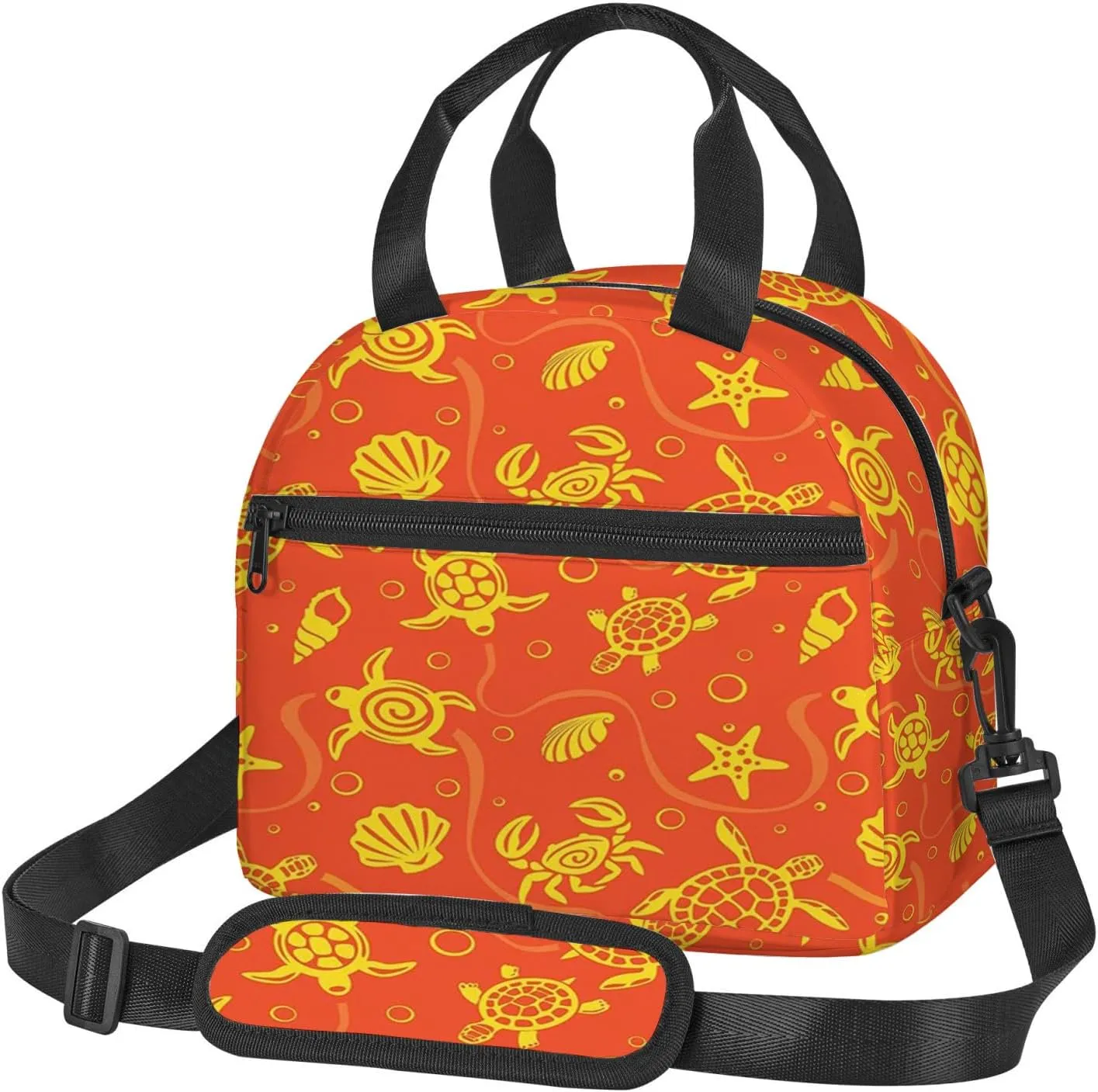 Ocean Animal Print,Insulated Reusable Lunch Bag with Adjustable Shoulder Strap for Adults,Swimming Turtles and Crabs Tropical,Office Picnic Hiking Beach Tote Bag,Orange Yellow,9x5x7.8in