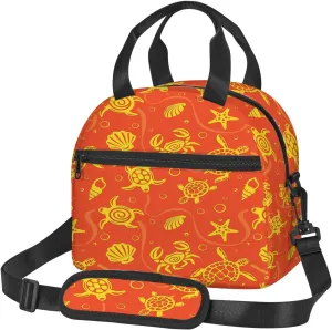 Ocean Animal Print,Insulated Reusable Lunch Bag with Adjustable Shoulder Strap for Adults,Swimming Turtles and Crabs Tropical,Office Picnic Hiking Beach Tote Bag,Orange Yellow,9x5x7.8in