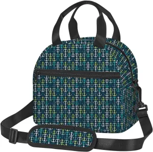 Ocean Theme,Insulated Reusable Lunch Bag with Adjustable Shoulder Strap for Adults,Maritime Pattern,Leakproof Office Picnic Hiking Beach Tote Bag,Dark Blue Green White,9x5x7.8in